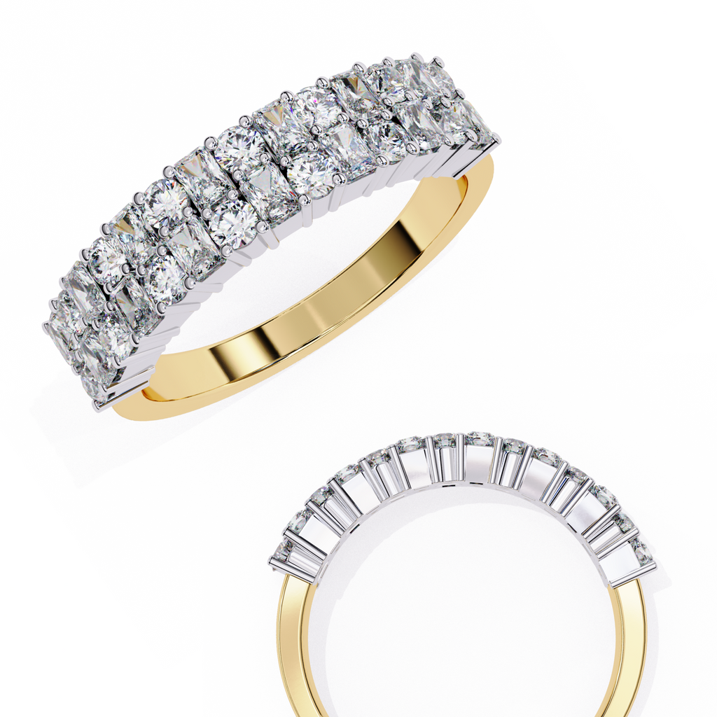 Yellow Gold Radiant and Round Diamond Double Row Half Eternity Ring