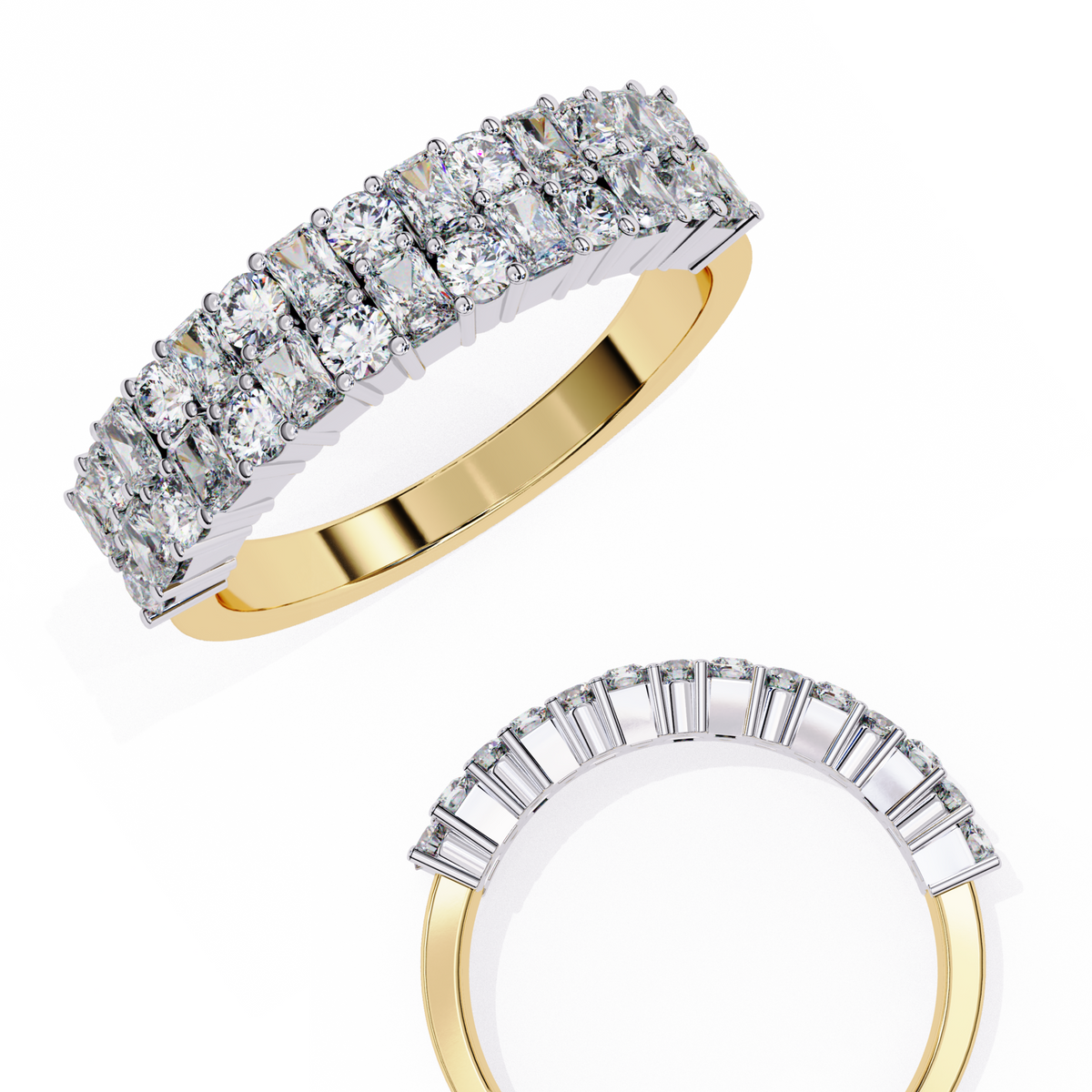 Yellow Gold Radiant and Round Diamond Double Row Half Eternity Ring
