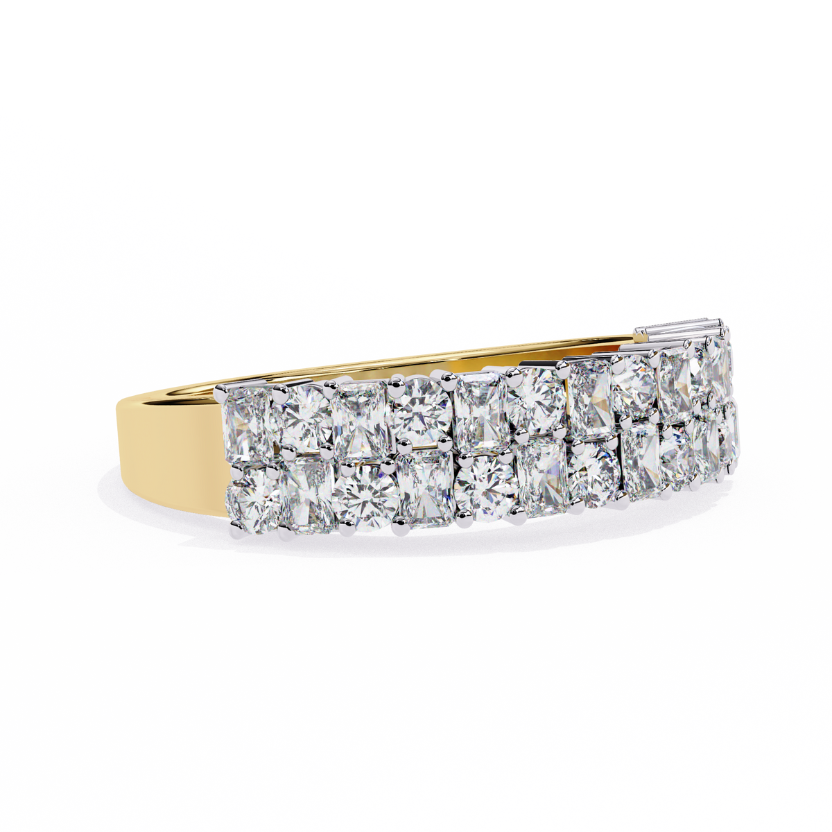 Yellow Gold Radiant and Round Diamond Double Row Half Eternity Ring