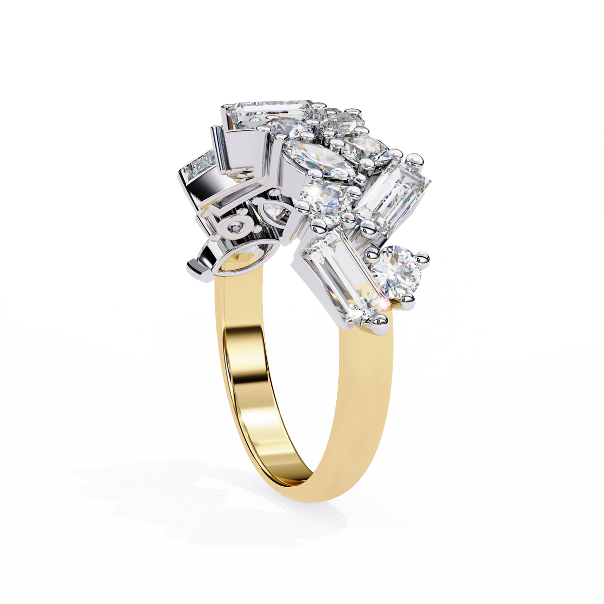 Yellow Gold Mixed Cut Diamond Scattered Cluster Half Eternity Ring