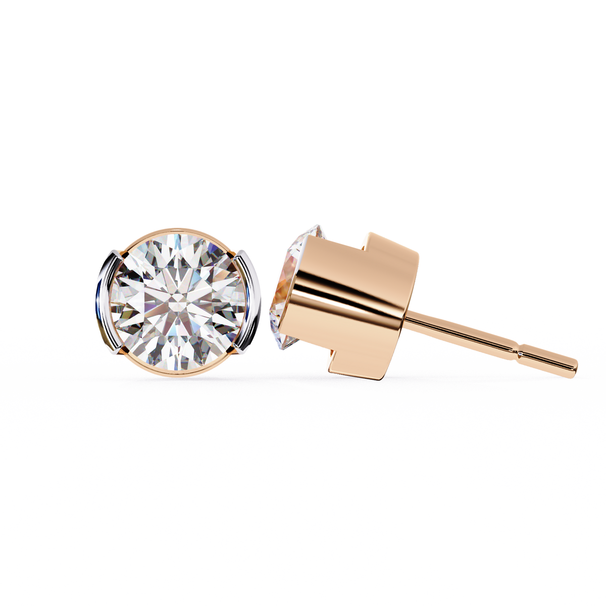 Rose Gold Half-Bezel Round Diamond Stud Earrings