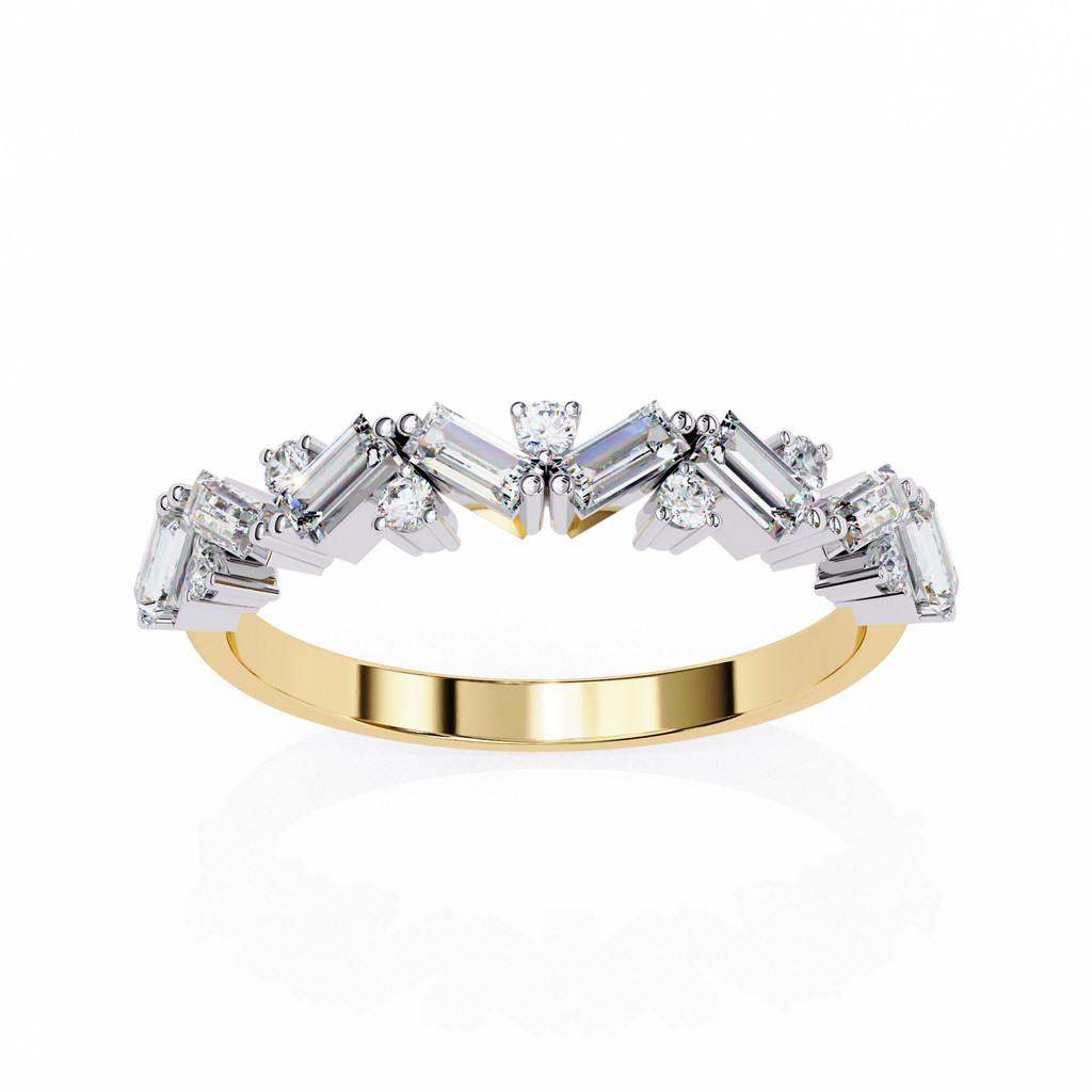 Yellow Gold Baguette Diamond Chevron Crown Half Band Ring