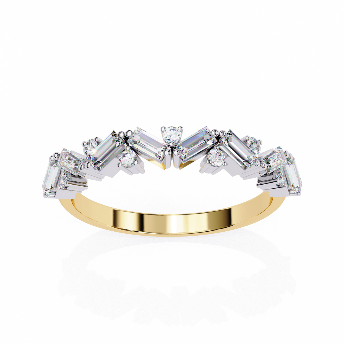 Yellow Gold Baguette Diamond Chevron Crown Half Band Ring