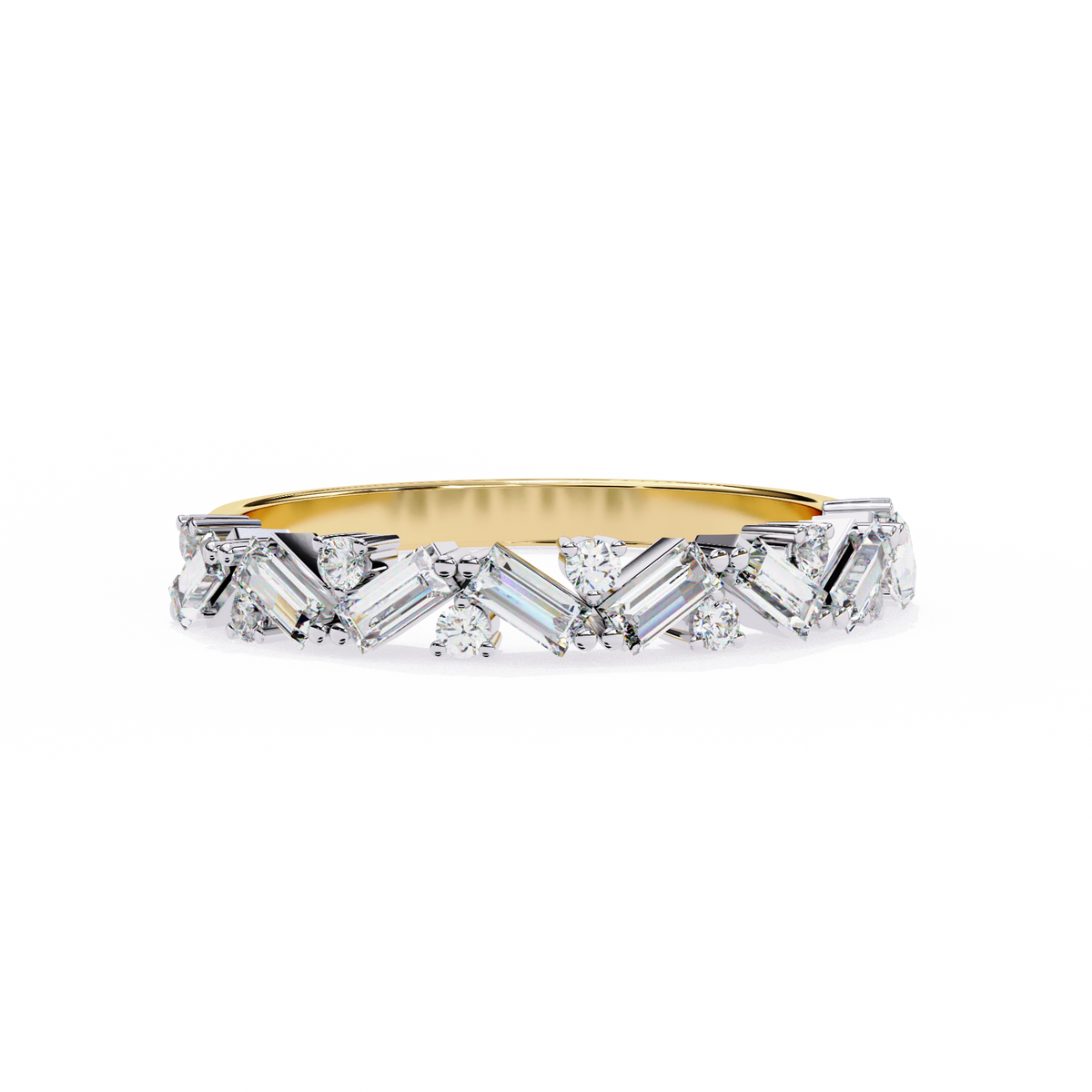 Yellow Gold Baguette Diamond Chevron Crown Half Band Ring