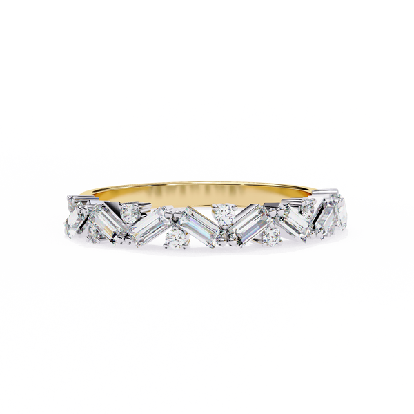 Yellow Gold Baguette Diamond Chevron Crown Half Band Ring