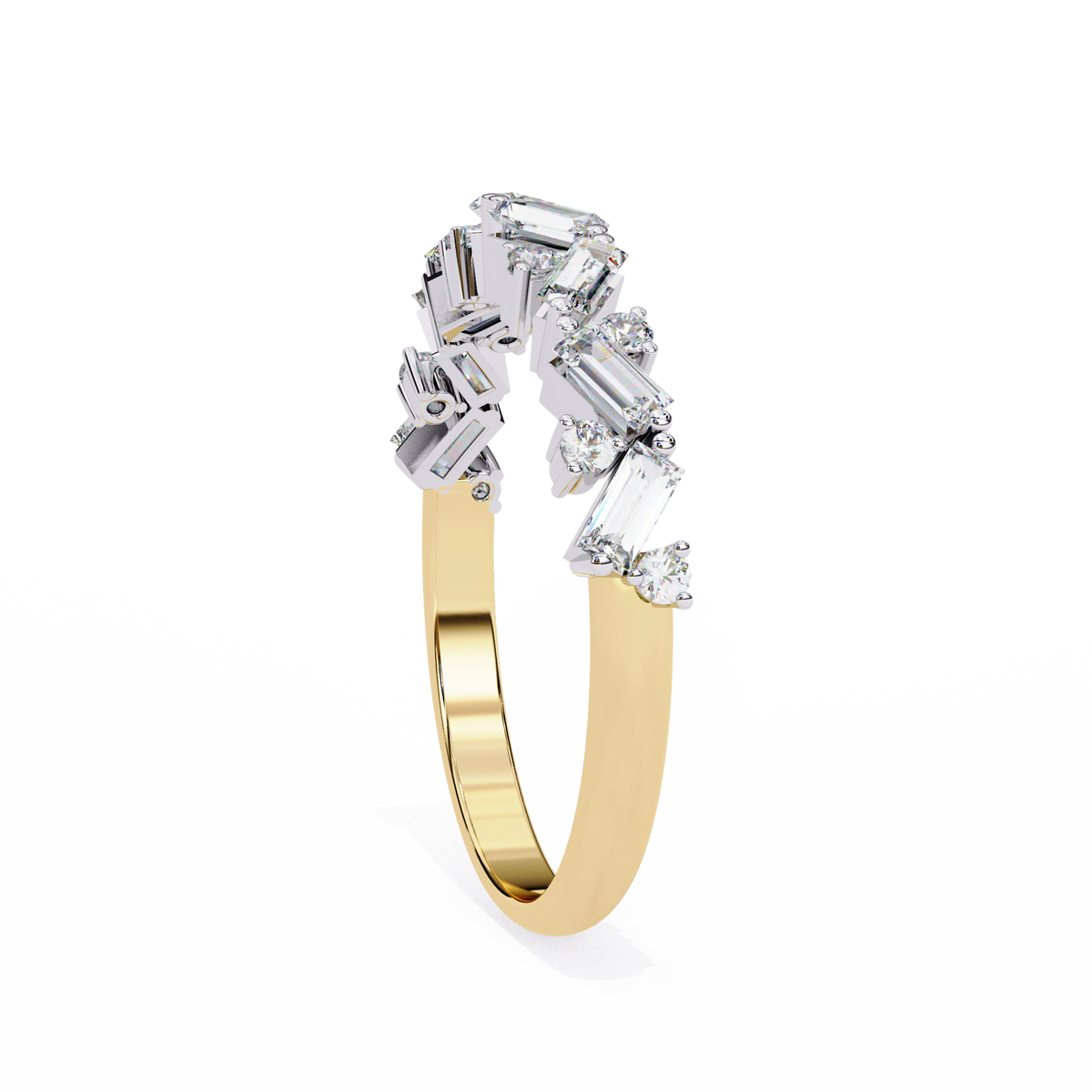 Yellow Gold Baguette Diamond Chevron Crown Half Band Ring