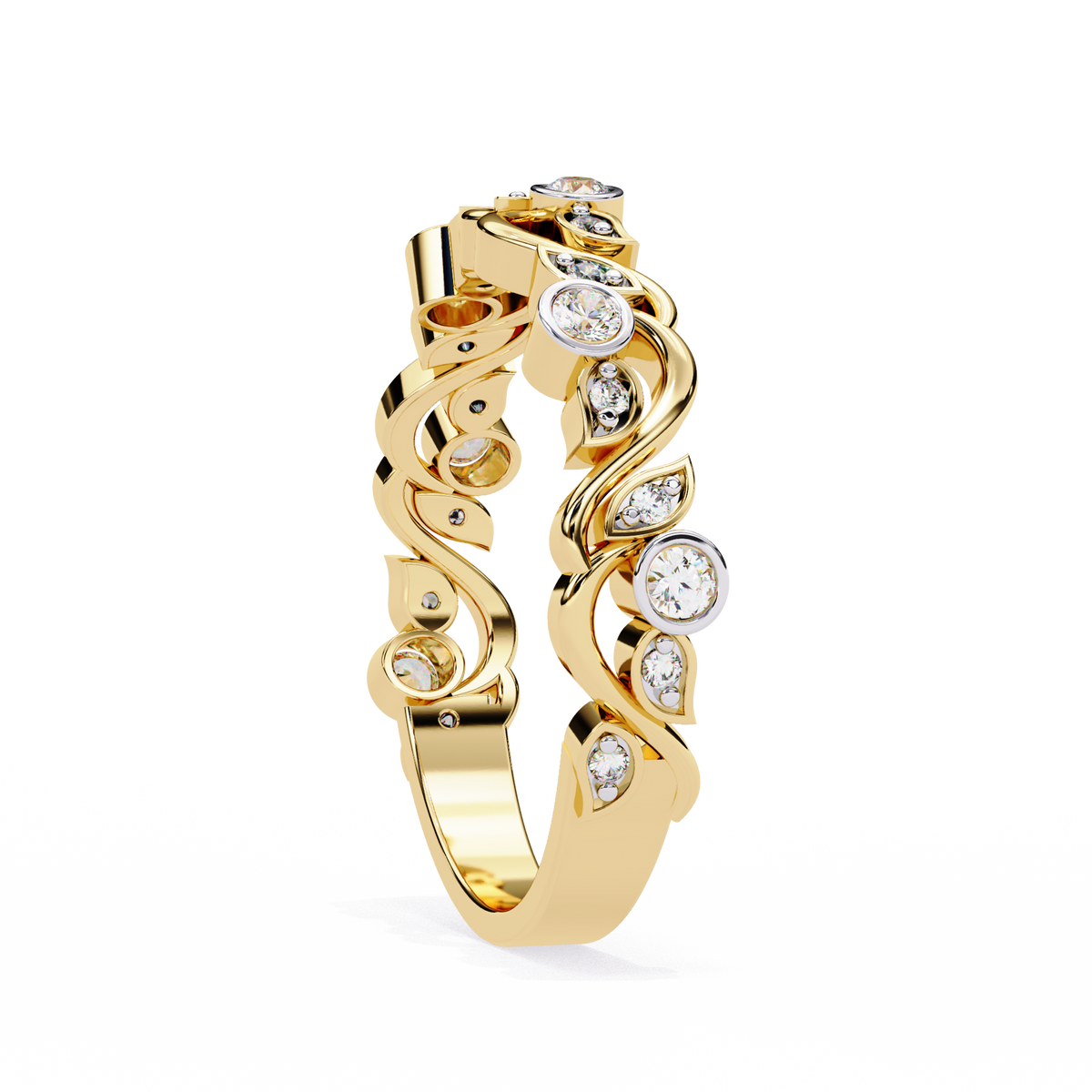 Yellow Gold Round Diamond Twisted Vine and Petal Half Eternity Ring