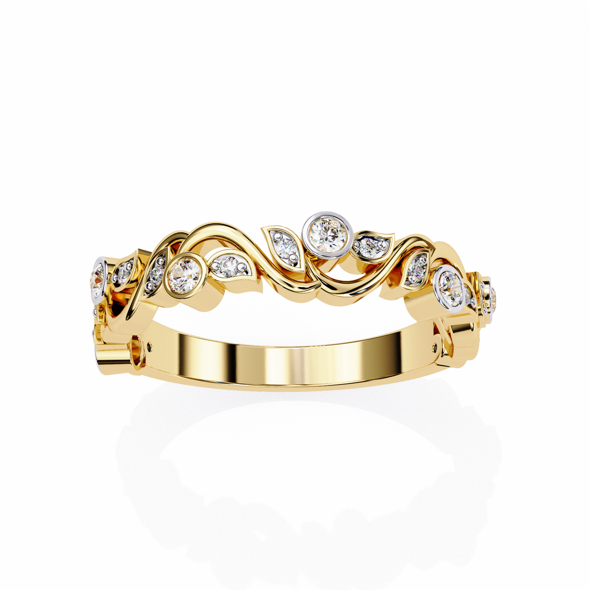 Yellow Gold Round Diamond Twisted Vine and Petal Half Eternity Ring