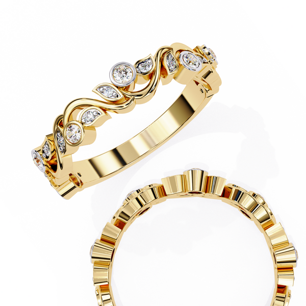 Yellow Gold Round Diamond Twisted Vine and Petal Half Eternity Ring