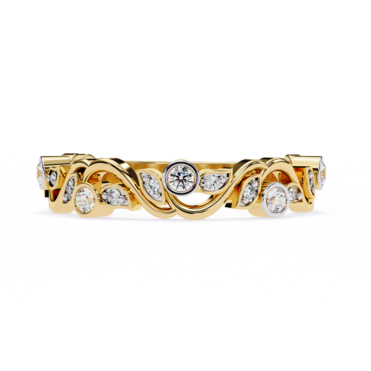 Yellow Gold Round Diamond Twisted Vine and Petal Half Eternity Ring