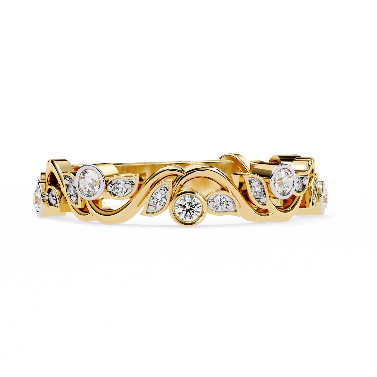 Yellow Gold Round Diamond Twisted Vine and Petal Half Eternity Ring