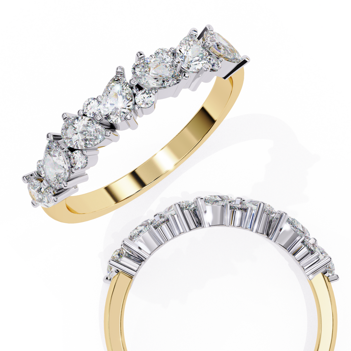 Yellow Gold Pear and Round Diamond Alternating Cluster Half Eternity Ring