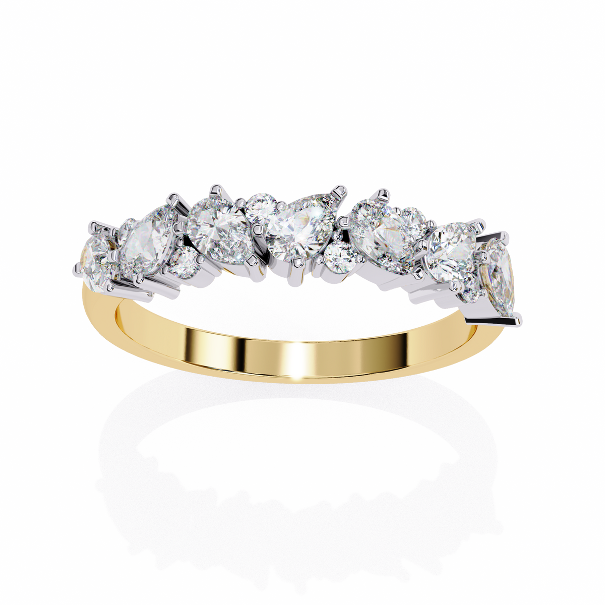 Yellow Gold Pear and Round Diamond Alternating Cluster Half Eternity Ring