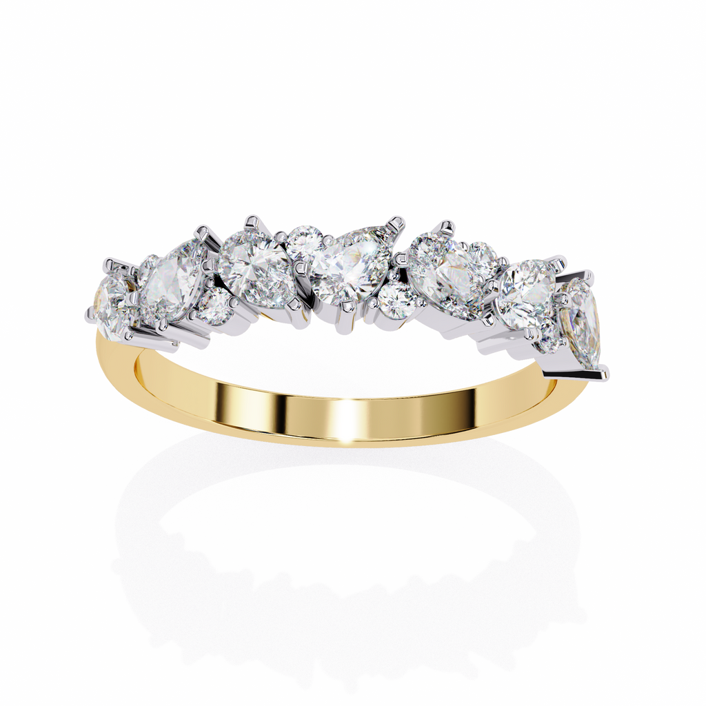 Yellow Gold Pear and Round Diamond Alternating Cluster Half Eternity Ring