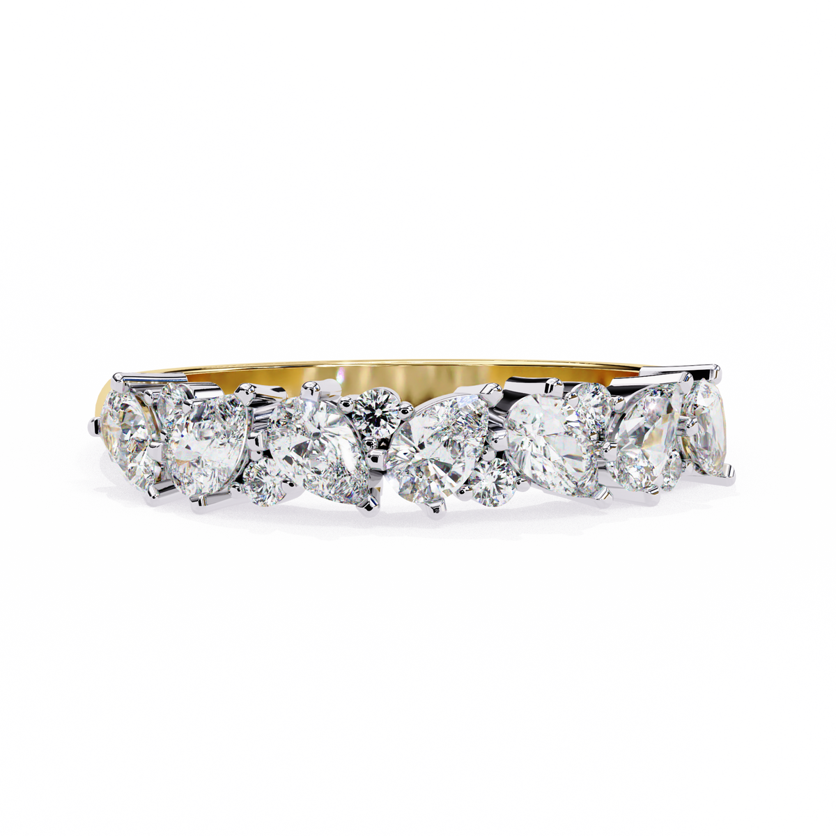 Yellow Gold Pear and Round Diamond Alternating Cluster Half Eternity Ring
