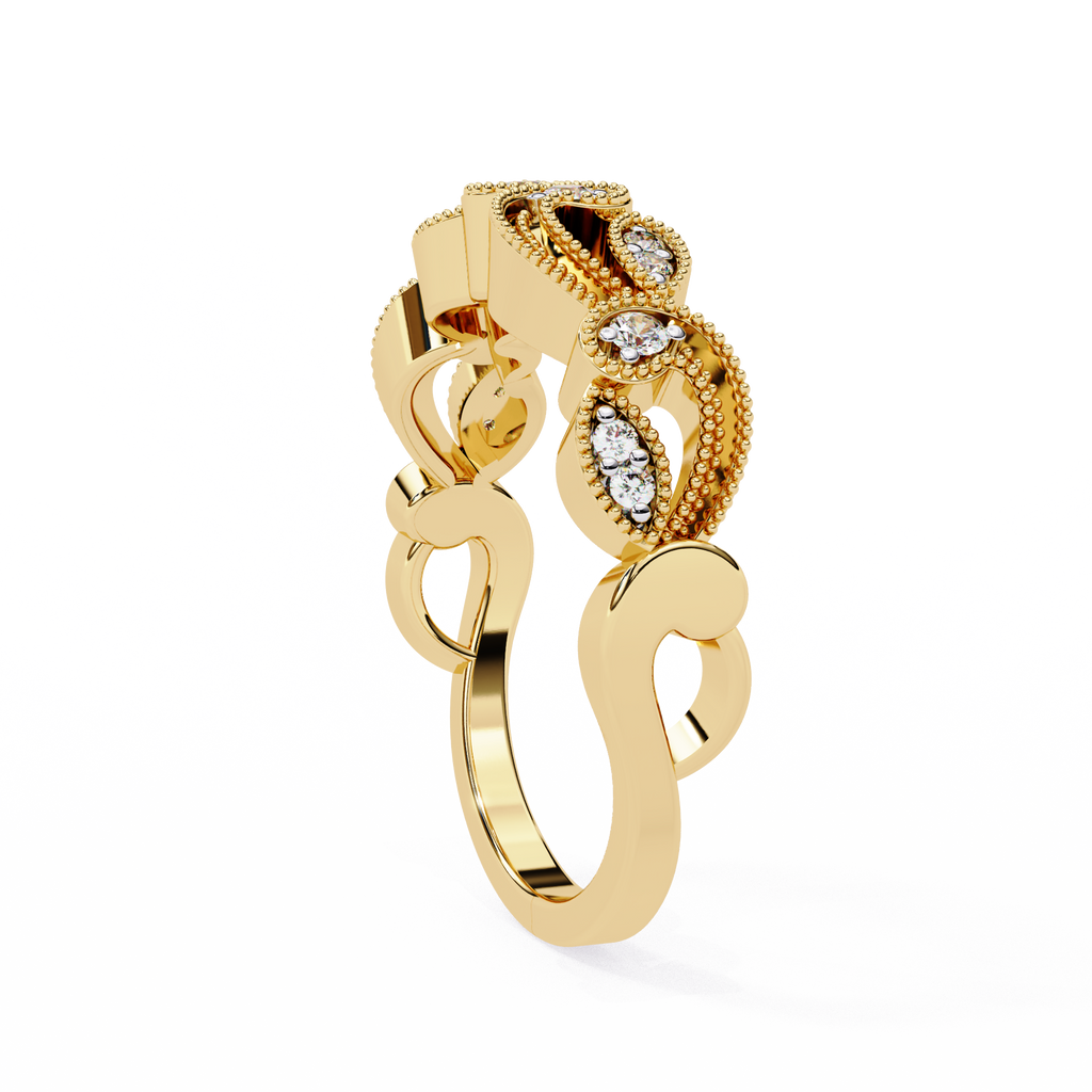 Yellow Gold Round Diamond Milgrain Paisley Scroll Half Eternity Ring