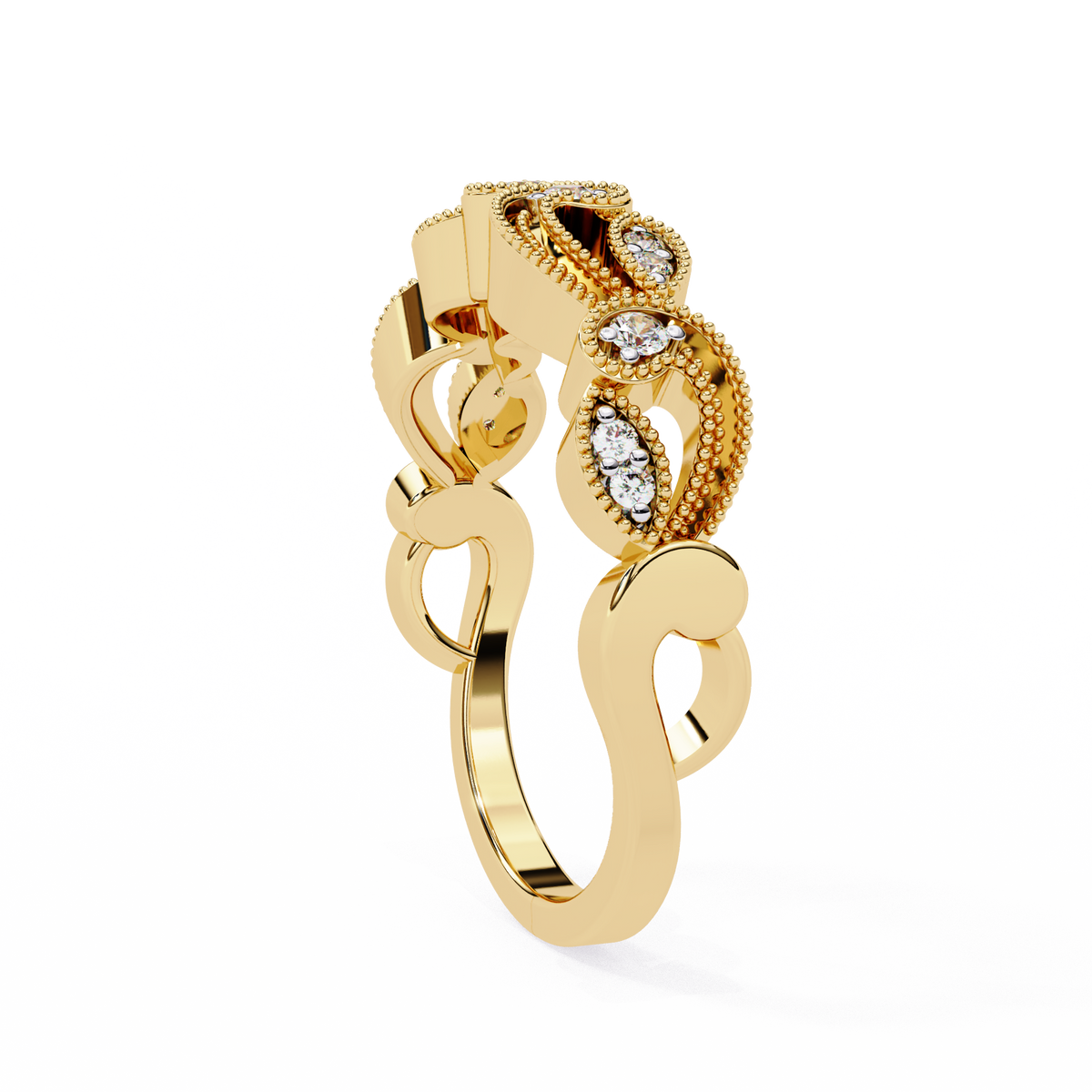 Yellow Gold Round Diamond Milgrain Paisley Scroll Half Eternity Ring