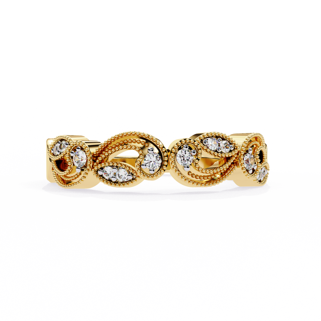 Yellow Gold Round Diamond Milgrain Paisley Scroll Half Eternity Ring
