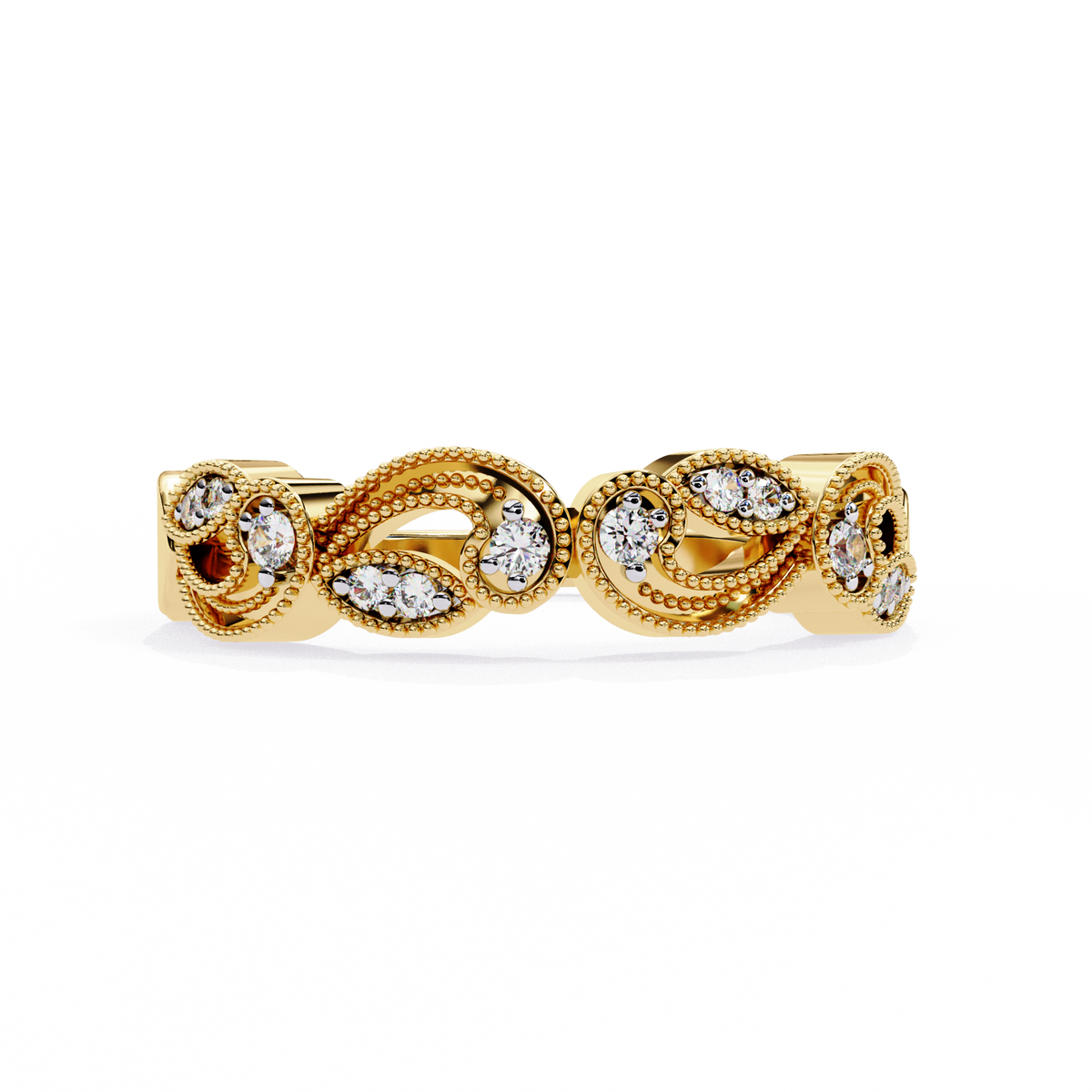 Yellow Gold Round Diamond Milgrain Paisley Scroll Half Eternity Ring