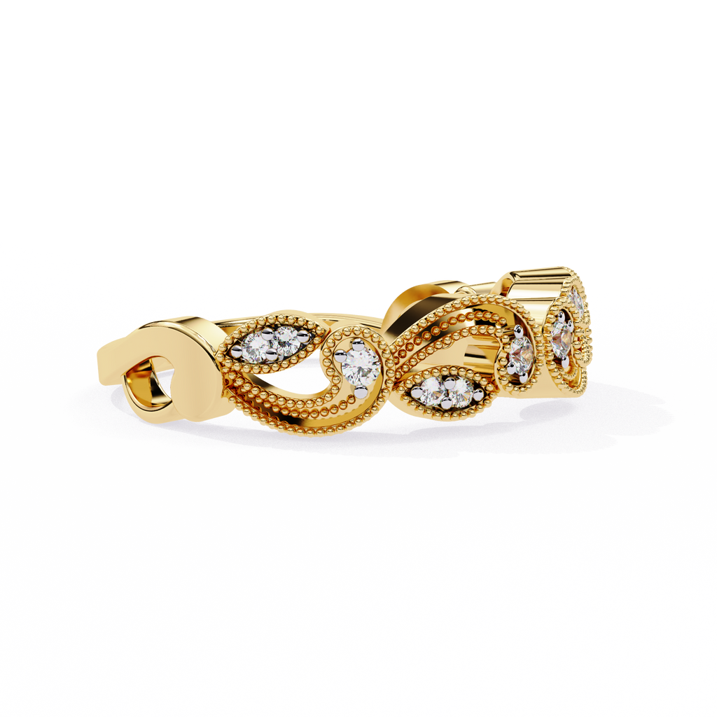 Yellow Gold Round Diamond Milgrain Paisley Scroll Half Eternity Ring
