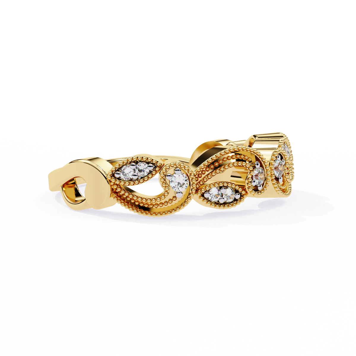 Yellow Gold Round Diamond Milgrain Paisley Scroll Half Eternity Ring