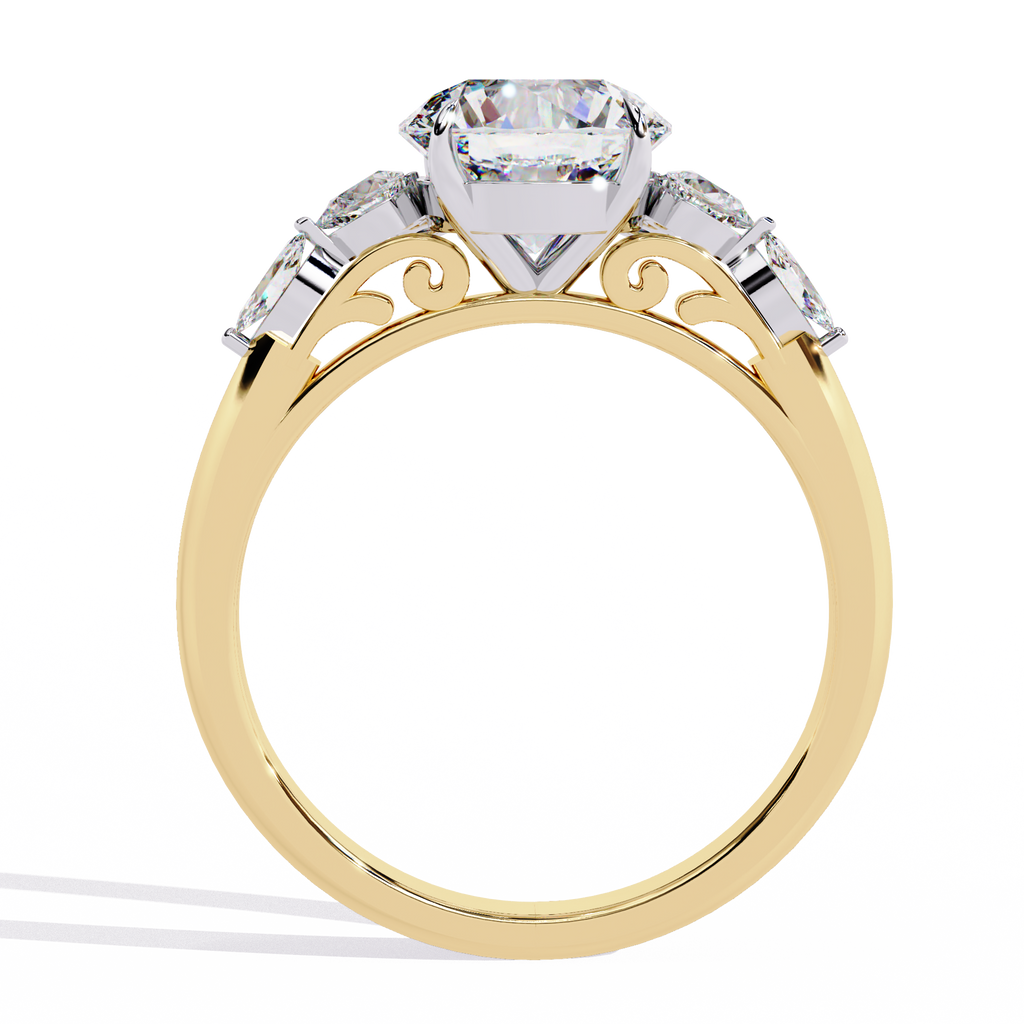 Yellow Gold Round Diamond Pear and Round Accent Solitaire Ring