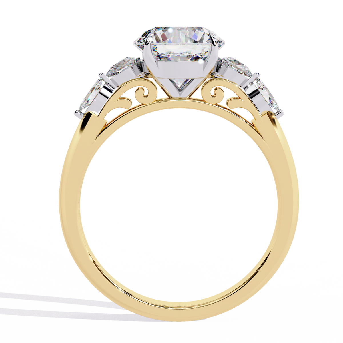 Yellow Gold Round Diamond Pear and Round Accent Solitaire Ring