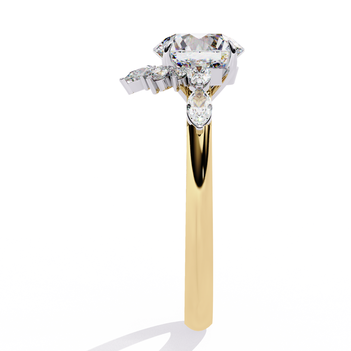 Yellow Gold Round Diamond Pear and Round Accent Solitaire Ring
