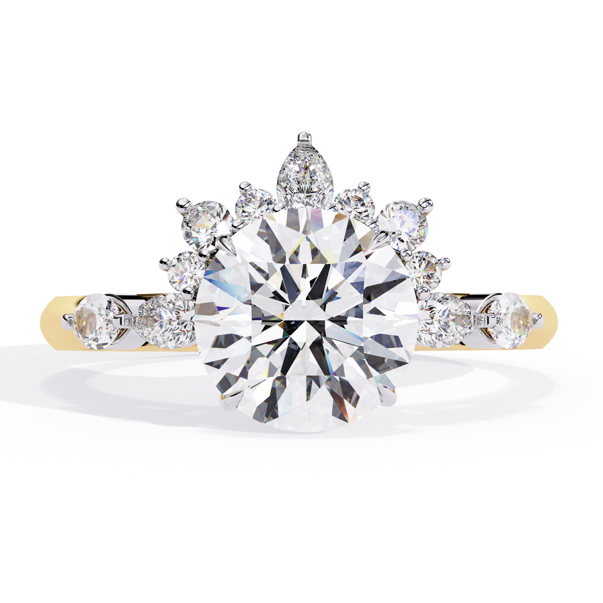 Yellow Gold Round Diamond Pear and Round Accent Solitaire Ring