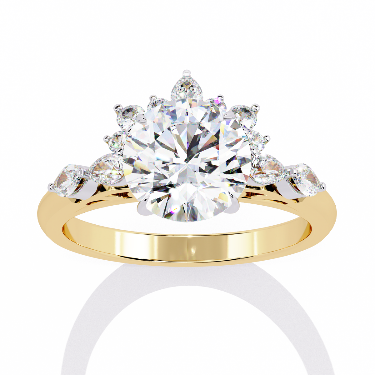 Yellow Gold Round Diamond Pear and Round Accent Solitaire Ring