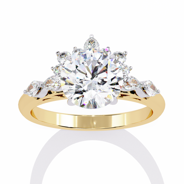 Yellow Gold Round Diamond Pear and Round Accent Solitaire Ring