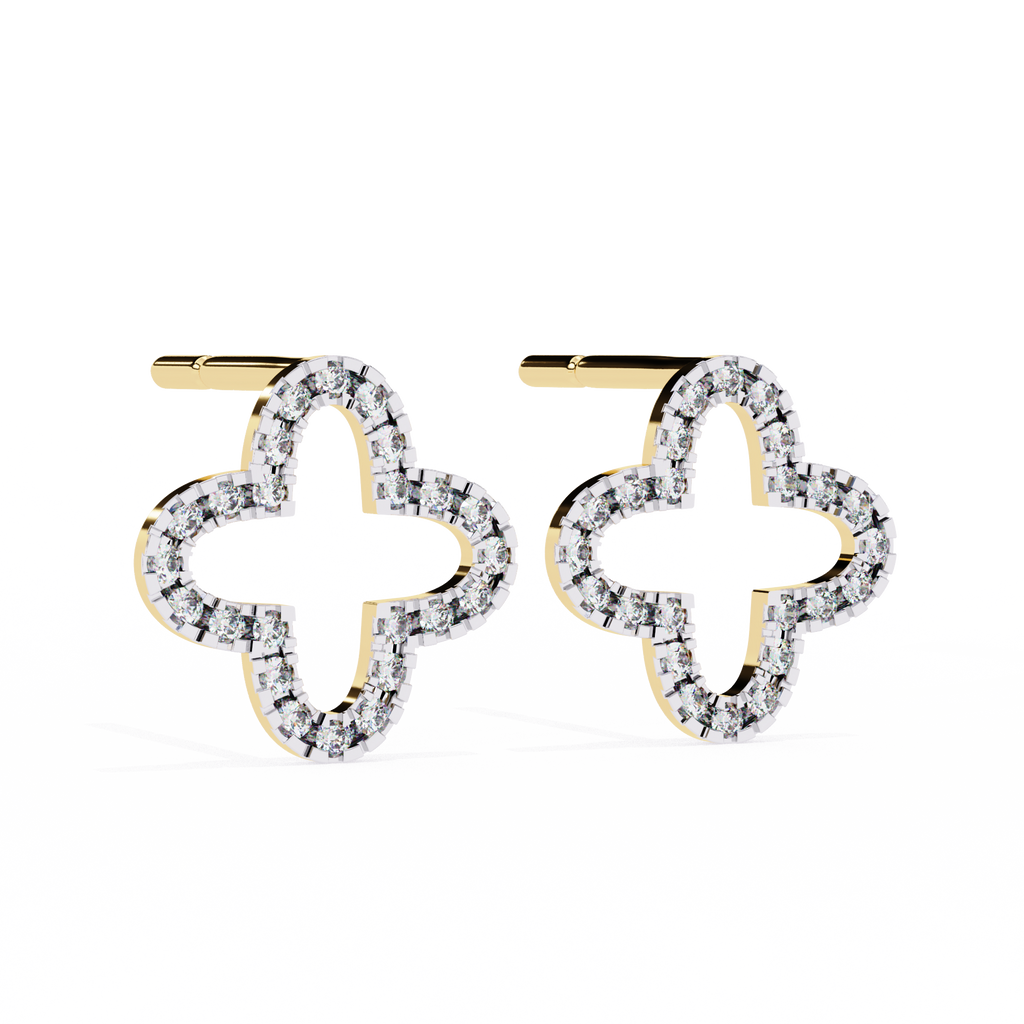 Yellow Gold Open Clover Diamond Stud Earrings