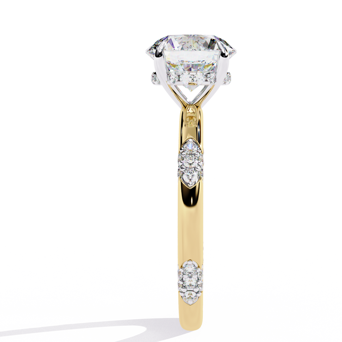 Yellow Gold Round Diamond Pavé Accent Solitaire Engagement Ring