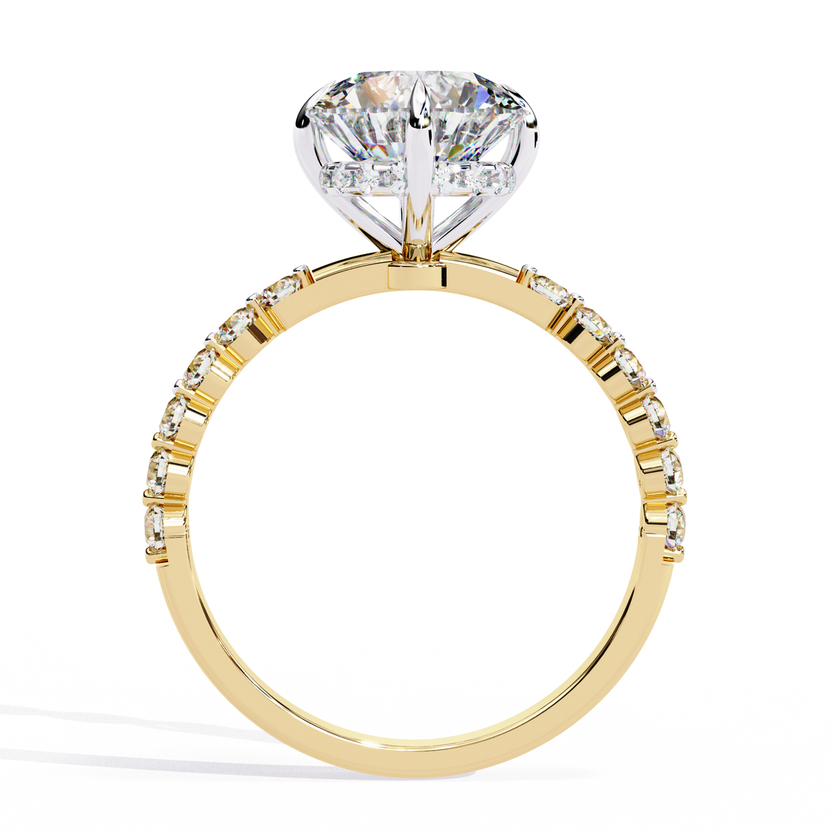 Yellow Gold Round Diamond Graduated Shoulder Hidden Halo Ring