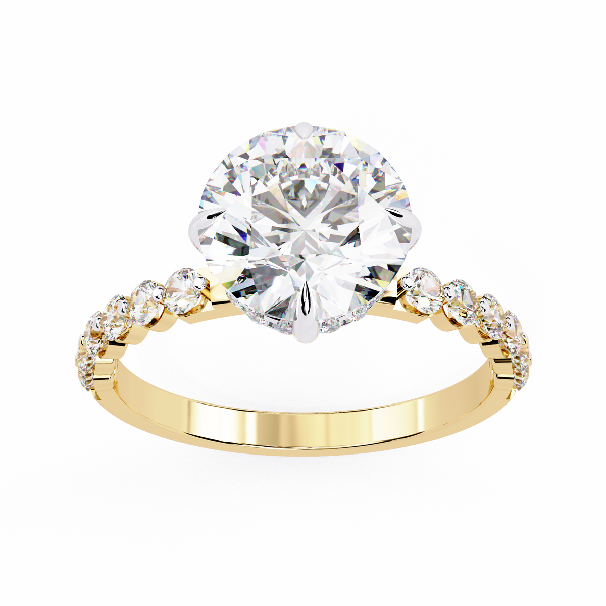 Yellow Gold Round Diamond Graduated Shoulder Hidden Halo Ring