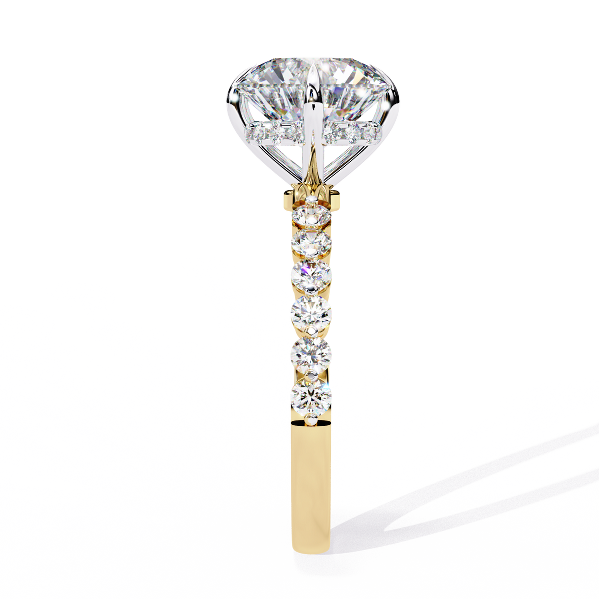Yellow Gold Round Diamond Graduated Shoulder Hidden Halo Ring