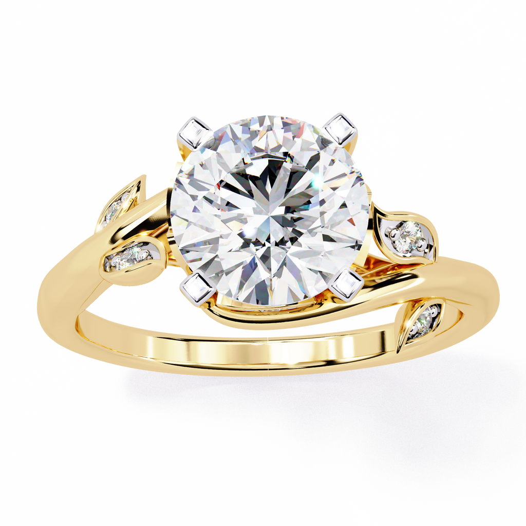Yellow Gold Round Diamond Bypass Leaf Shoulder Solitaire Ring