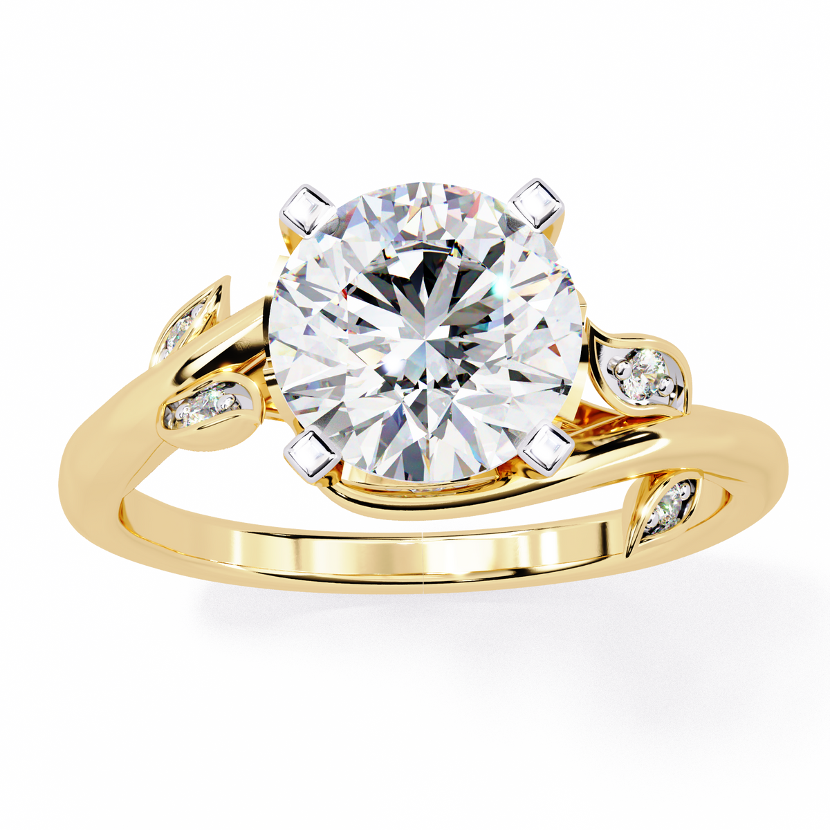 Yellow Gold Round Diamond Bypass Leaf Shoulder Solitaire Ring