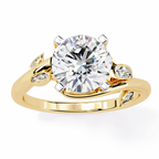 Yellow Gold Round Diamond Bypass Leaf Shoulder Solitaire Ring