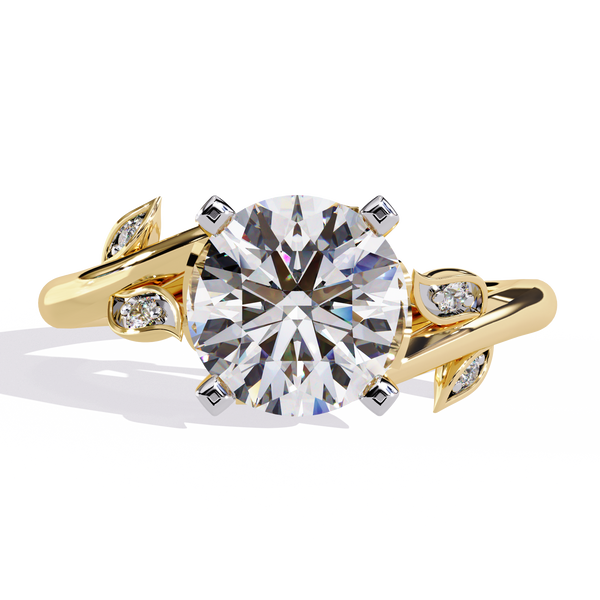 Yellow Gold Round Diamond Bypass Leaf Shoulder Solitaire Ring
