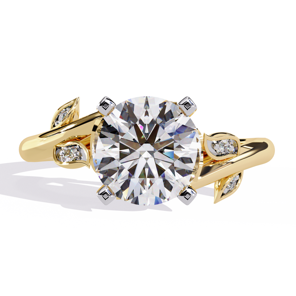 Yellow Gold Round Diamond Bypass Leaf Shoulder Solitaire Ring