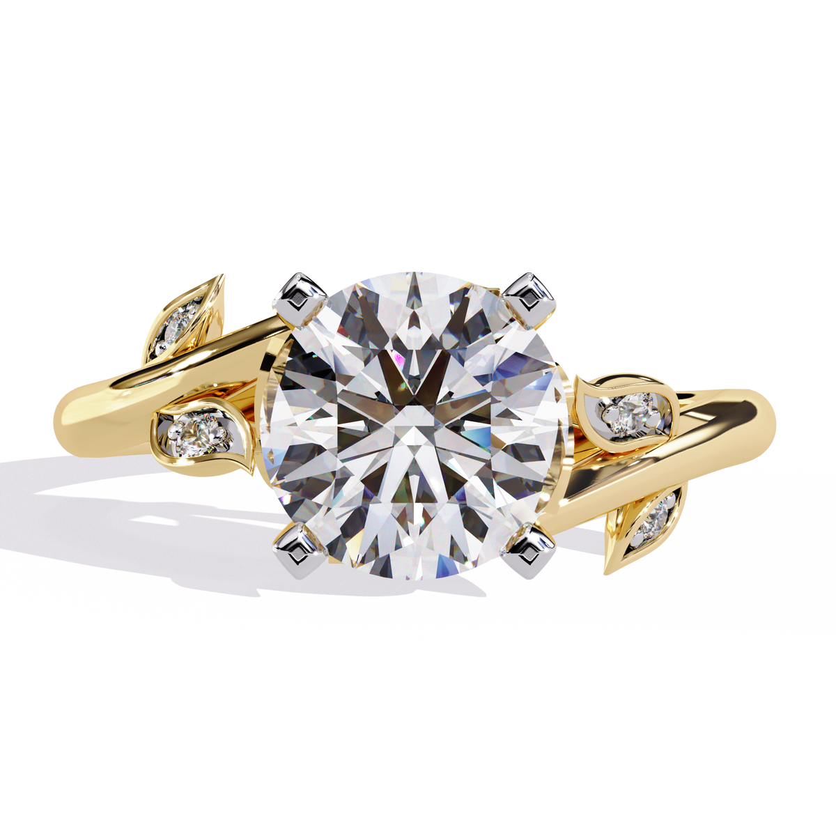 Yellow Gold Round Diamond Bypass Leaf Shoulder Solitaire Ring