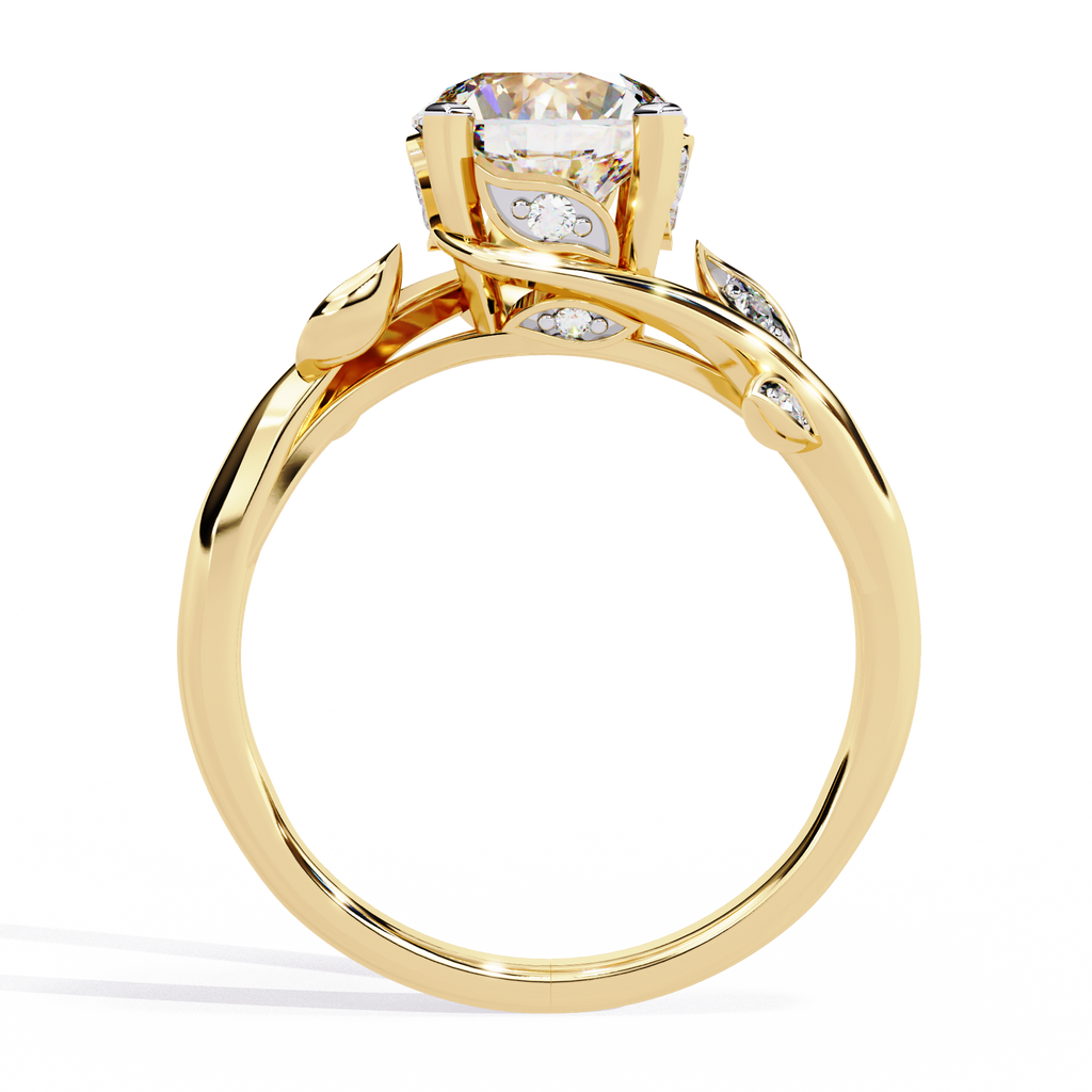Yellow Gold Round Diamond Bypass Leaf Shoulder Solitaire Ring