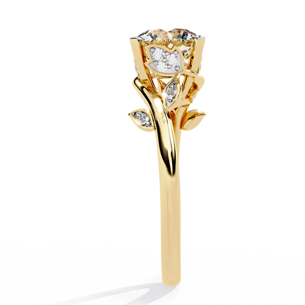 Yellow Gold Round Diamond Bypass Leaf Shoulder Solitaire Ring