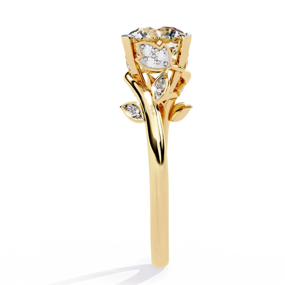 Yellow Gold Round Diamond Bypass Leaf Shoulder Solitaire Ring