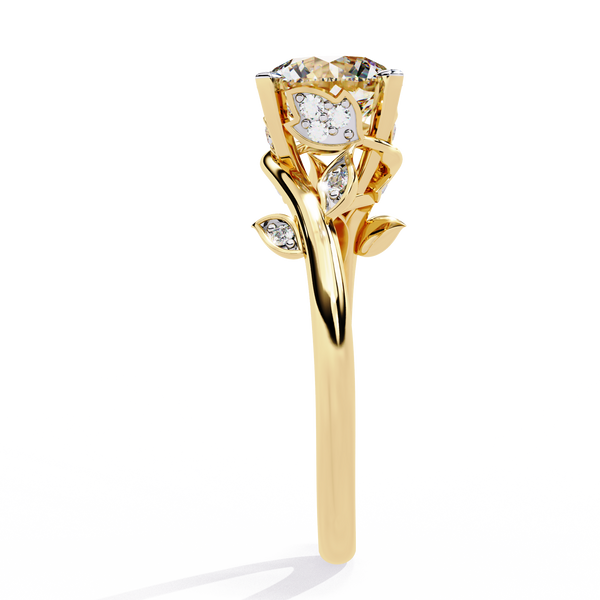 Yellow Gold Round Diamond Bypass Leaf Shoulder Solitaire Ring