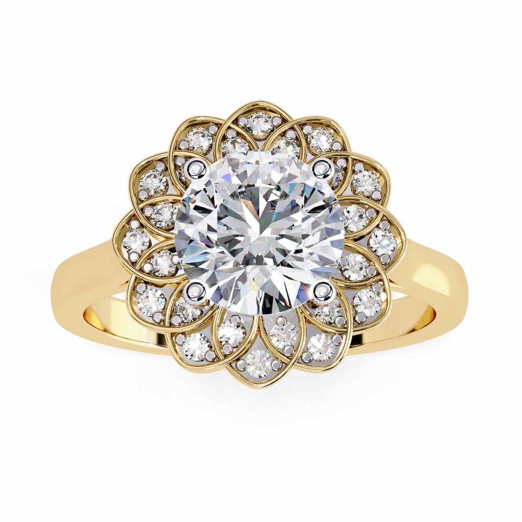 Yellow Gold Round Diamond Petal Halo Flower Cluster Ring