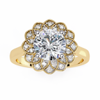 Yellow Gold Round Diamond Petal Halo Flower Cluster Ring