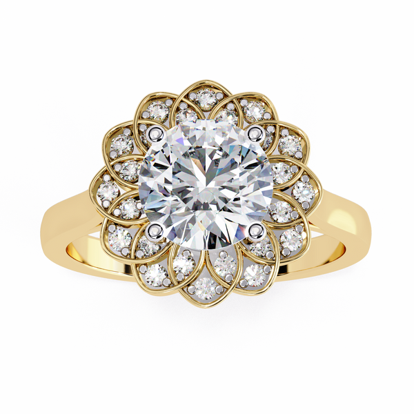Yellow Gold Round Diamond Petal Halo Flower Cluster Ring