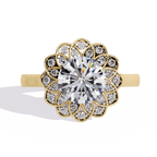 Yellow Gold Round Diamond Petal Halo Flower Cluster Ring